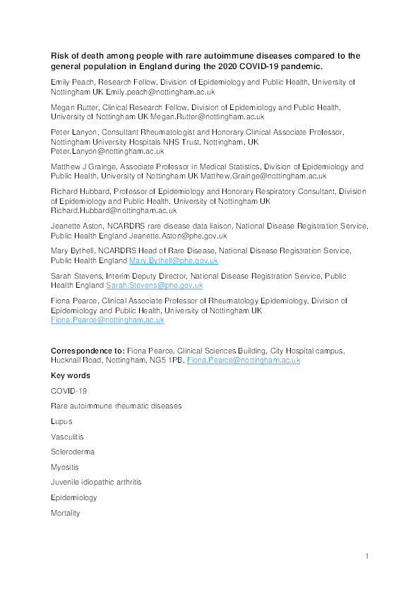 Risk of death among people with rare autoimmune diseases compared with the general population in England during the 2020 COVID-19 pandemic Thumbnail