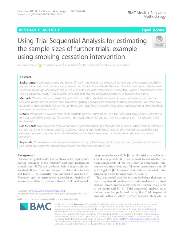 Using Trial Sequential Analysis for estimating the sample sizes of further trials: example using smoking cessation intervention Thumbnail