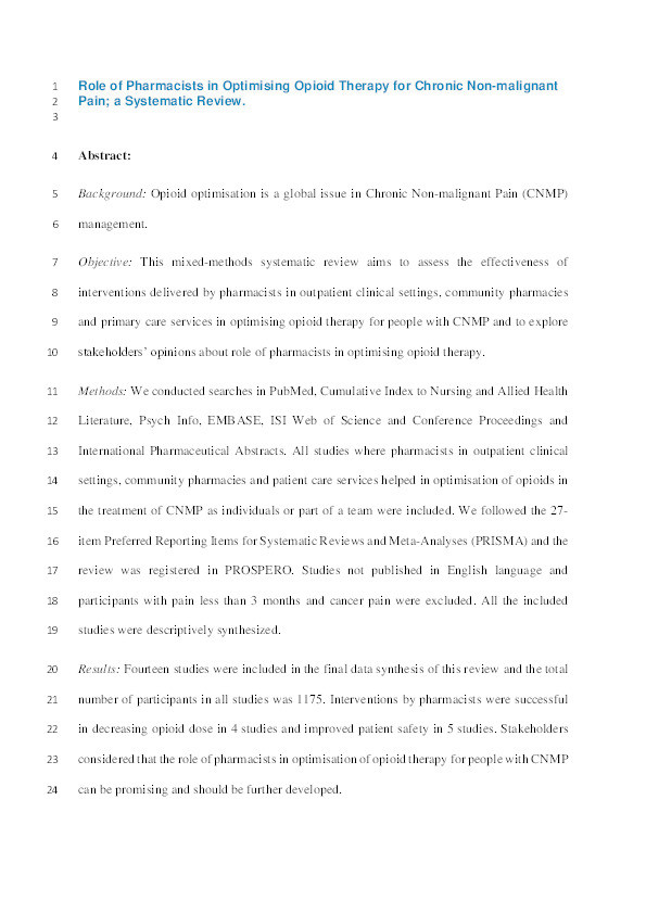 Role of pharmacists in optimising opioid therapy for chronic non-malignant pain; A systematic review Thumbnail