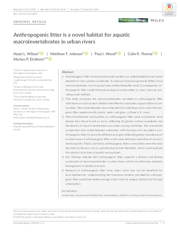 Anthropogenic litter is a novel habitat for aquatic macroinvertebrates in urban rivers Thumbnail