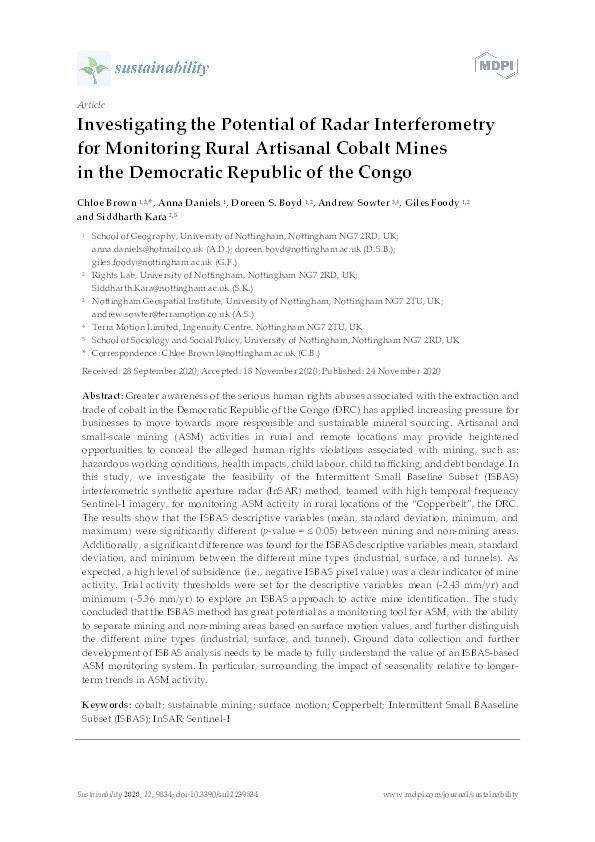 Investigating the potential of radar interferometry for monitoring rural artisanal cobalt mines in the democratic republic of the congo Thumbnail