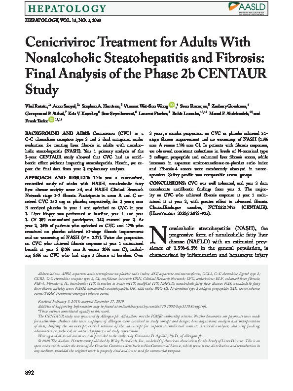 Cenicriviroc Treatment for Adults With Nonalcoholic Steatohepatitis and Fibrosis: Final Analysis of the Phase 2b CENTAUR Study Thumbnail