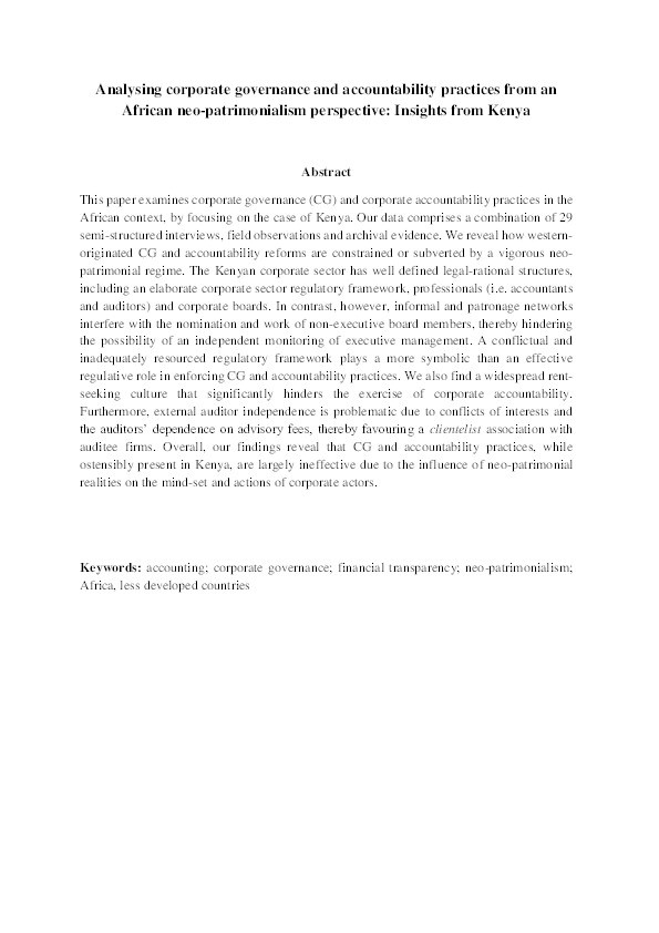 Analysing corporate governance and accountability practices from an African neo-patrimonialism perspective: Insights from Kenya Thumbnail