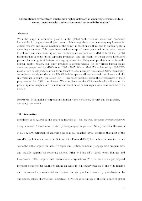 Multinational corporations and human rights violations in emerging economies: Does commitment to social and environmental responsibility matter? Thumbnail