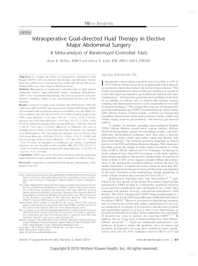 Intraoperative Goal-directed Fluid Therapy in Elective Major Abdominal Surgery: A Meta-analysis of Randomized Controlled Trials Thumbnail