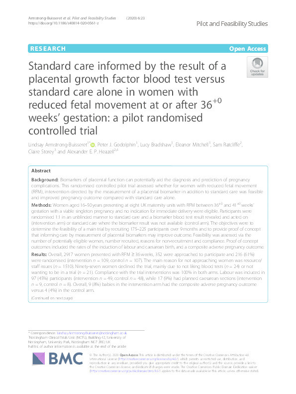 Standard care informed by the result of a placental growth factor blood test versus standard care alone in women with reduced fetal movement at or after 36+0 weeks’ gestation: a pilot randomised controlled trial Thumbnail