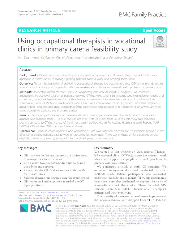 Using occupational therapists in vocational clinics in primary care: a feasibility study Thumbnail