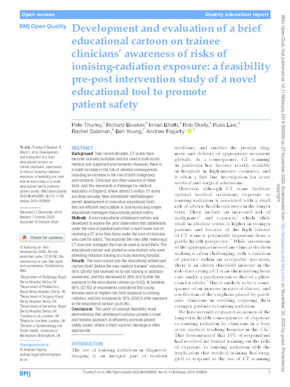 Development and evaluation of a brief educational cartoon on trainee clinicians’ awareness of risks of ionising-radiation exposure: a feasibility pre-post intervention study of a novel educational tool to promote patient safety Thumbnail