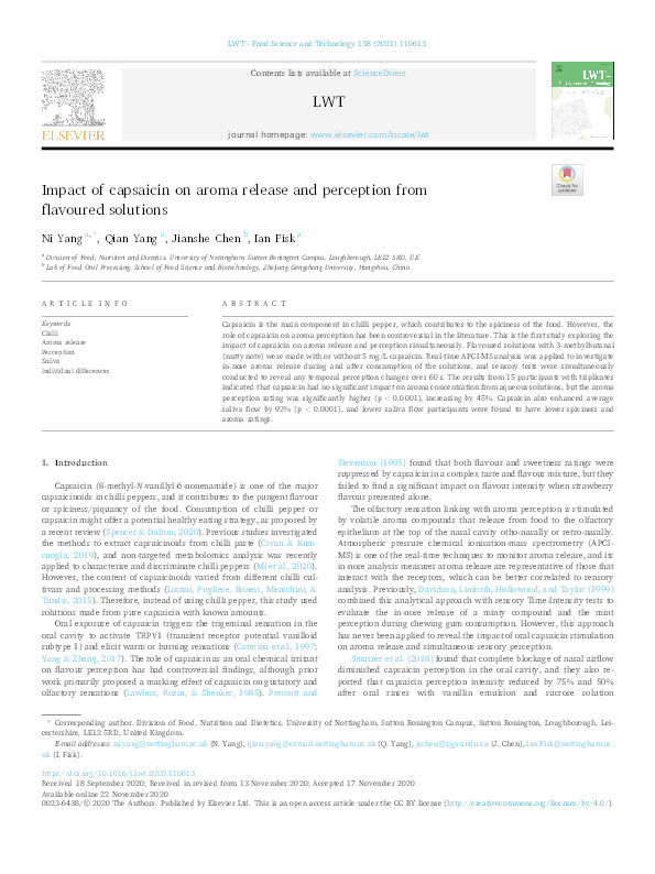 Impact of capsaicin on aroma release and perception from flavoured solutions Thumbnail