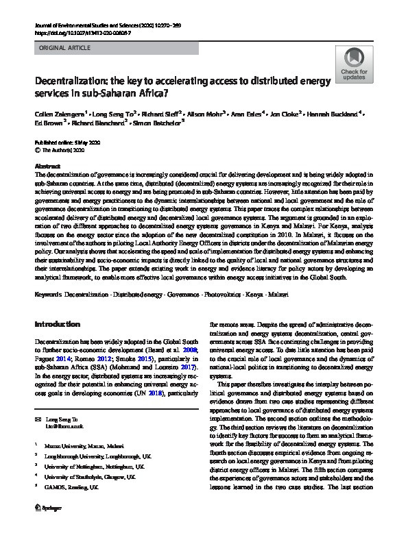Decentralization: the key to accelerating access to distributed energy services in sub-Saharan Africa? Thumbnail