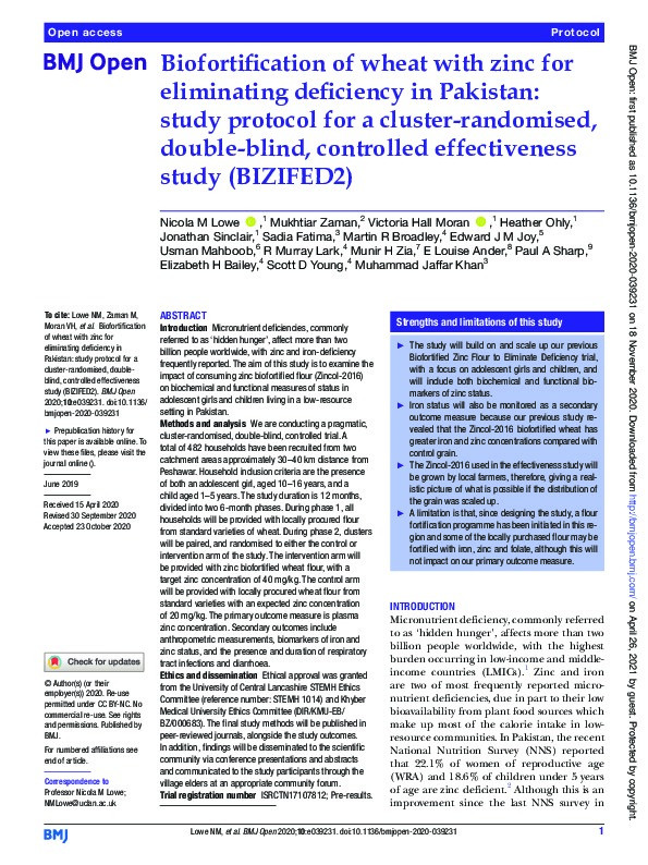 Biofortification of wheat with zinc for eliminating deficiency in Pakistan: study protocol for a cluster-randomised, double-blind, controlled effectiveness study (BIZIFED2) Thumbnail