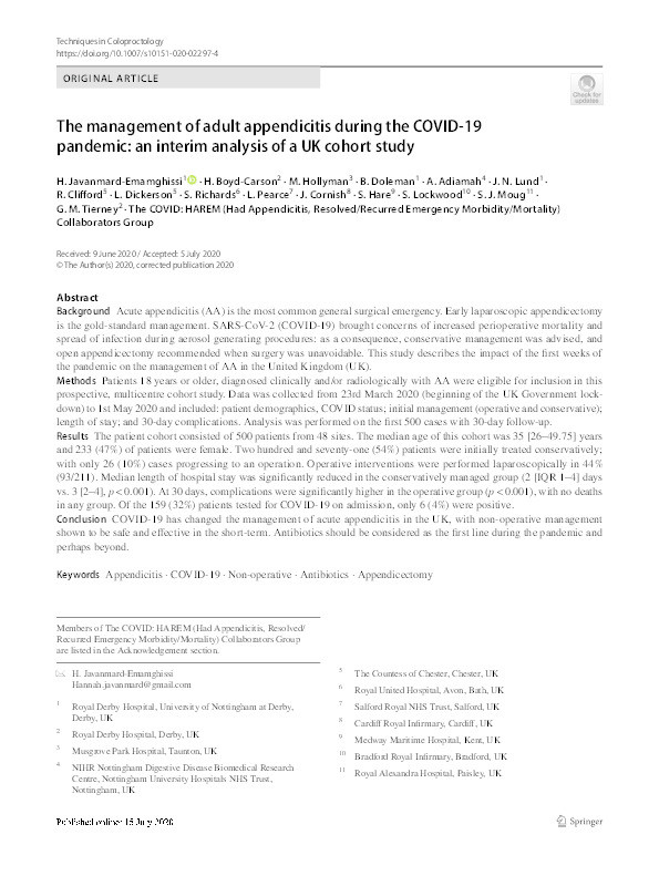 The management of adult appendicitis during the COVID-19 pandemic: an interim analysis of a UK cohort study Thumbnail