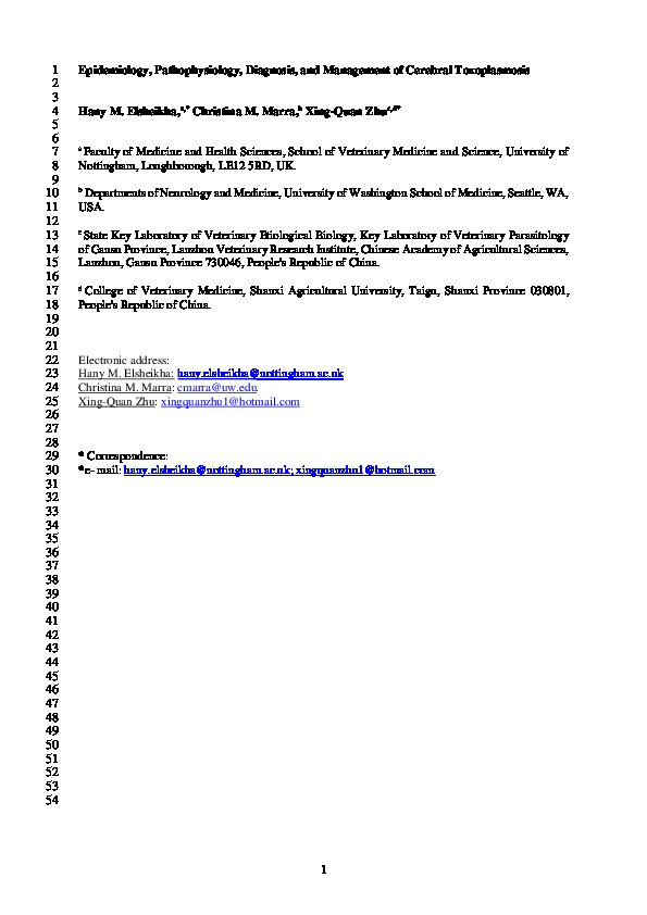 Epidemiology, pathophysiology, diagnosis, and management of cerebral toxoplasmosis Thumbnail