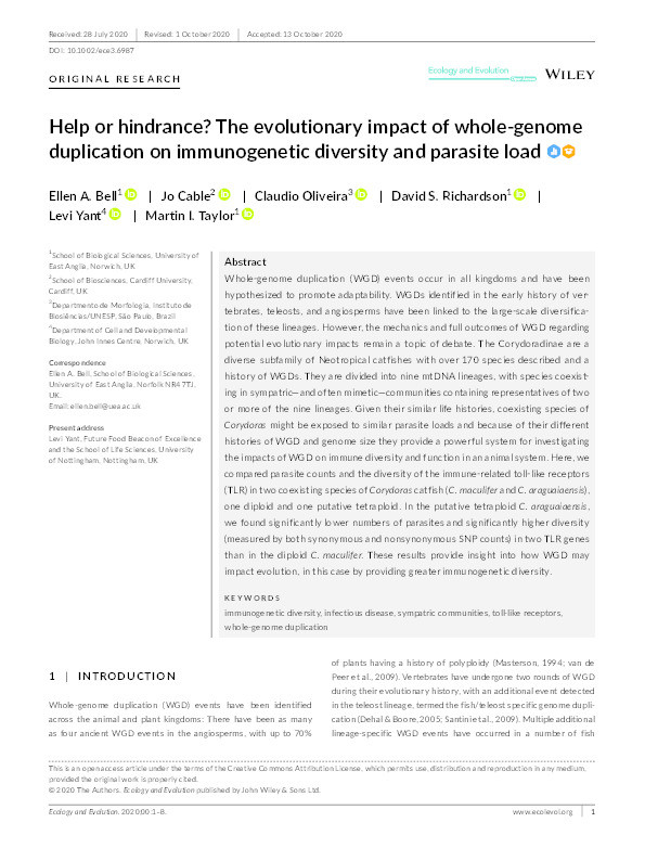 Help or hindrance? The evolutionary impact of whole-genome duplication on immunogenetic diversity and parasite load Thumbnail