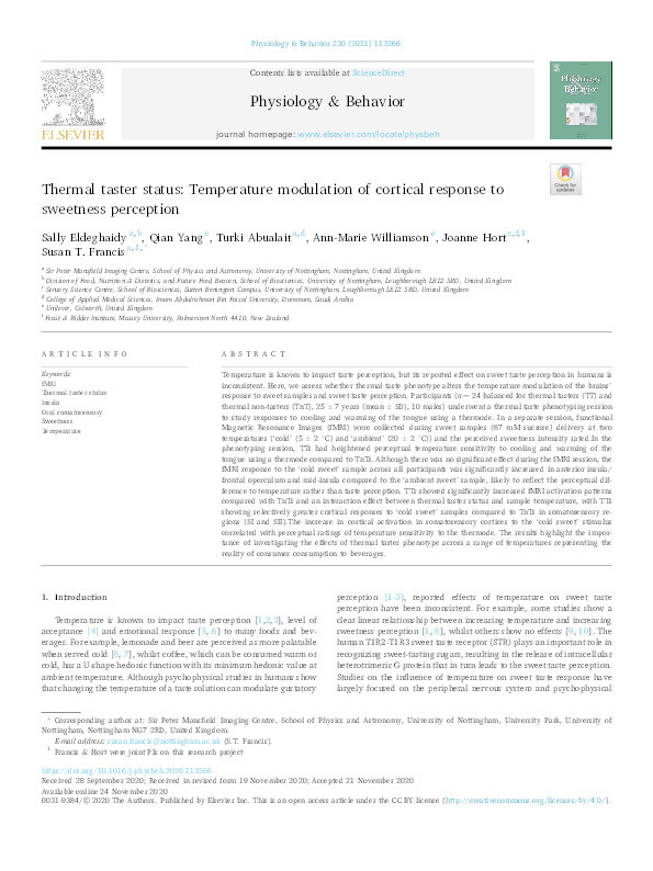 Thermal taster status: Temperature modulation of cortical response to sweetness perception Thumbnail