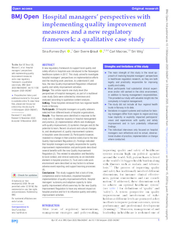 Hospital managers’ perspectives with implementing quality improvement measures and a new regulatory framework: a qualitative case study Thumbnail