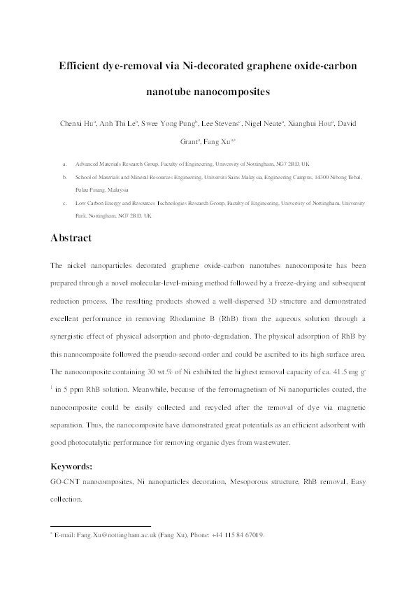 Efficient dye-removal via Ni-decorated graphene oxide-carbon nanotube nanocomposites Thumbnail