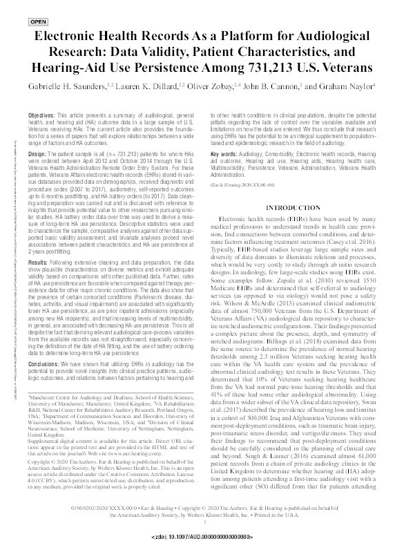 Electronic Health Records As a Platform for Audiological Research: Data Validity, Patient Characteristics, and Hearing-Aid Use Persistence Among 731,213 U.S. Veterans Thumbnail