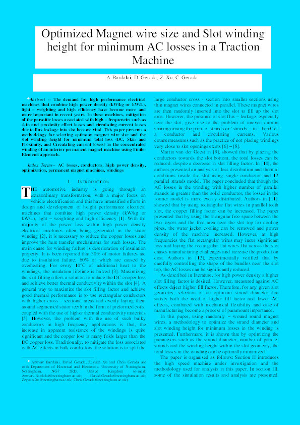 Optimized Magnet wire size and Slot winding height for minimum AC losses in a Traction Machine Thumbnail