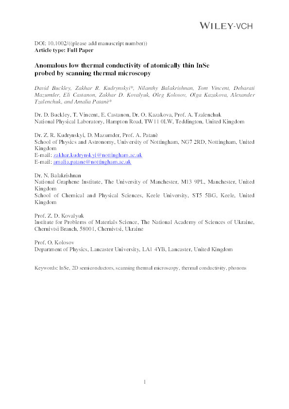 Anomalous Low Thermal Conductivity of Atomically Thin InSe Probed by Scanning Thermal Microscopy Thumbnail