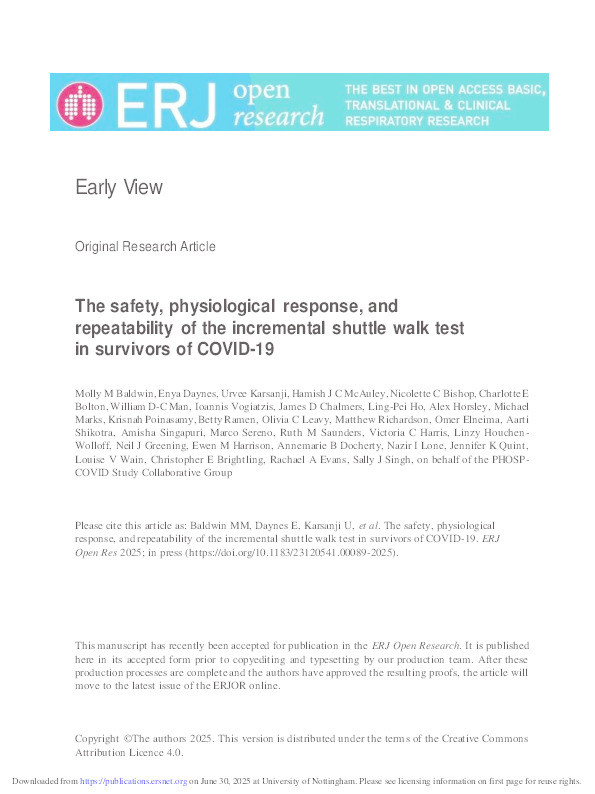 The safety, physiological response, and repeatability of the incremental shuttle walk test in survivors of COVID-19 Thumbnail