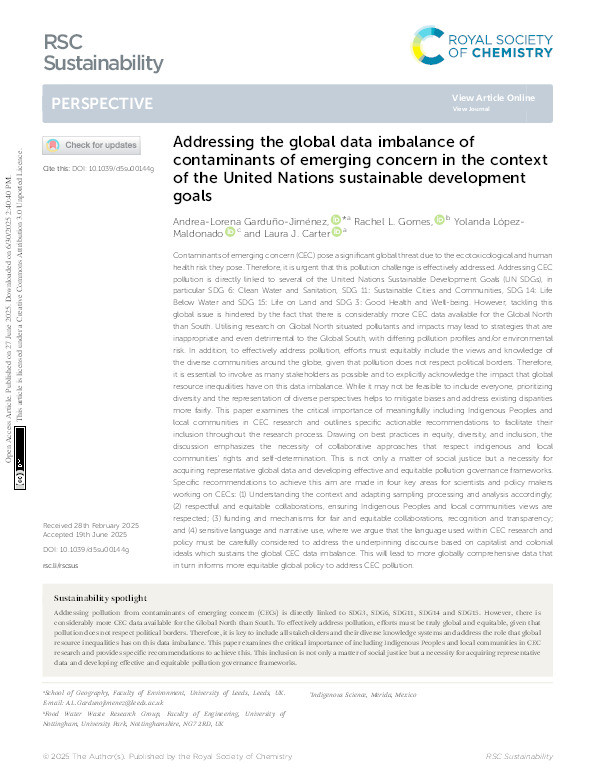 Addressing the global data imbalance of contaminants of emerging concern in the context of the United Nations sustainable development goals Thumbnail