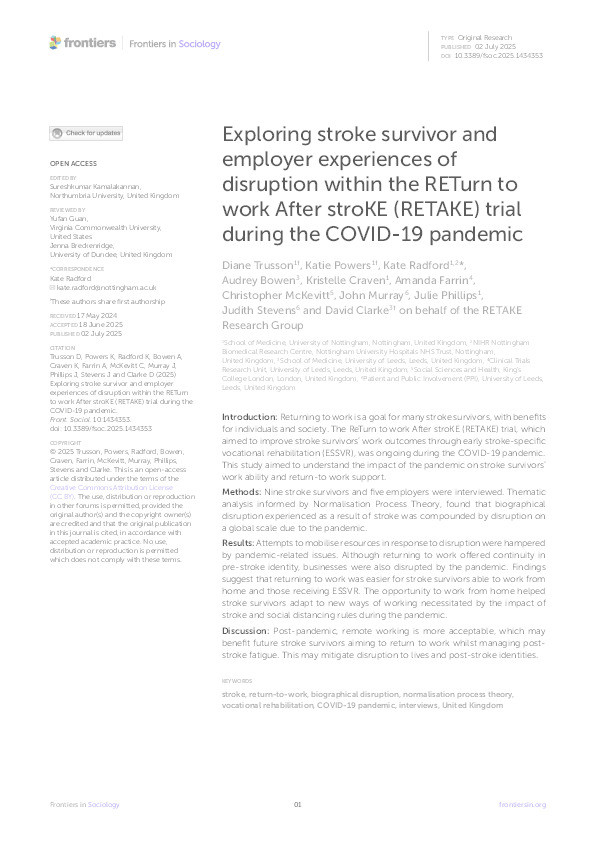 Exploring stroke survivor and employer experiences of disruption within the RETurn to work After stroKE (RETAKE) trial during the COVID-19 pandemic Thumbnail
