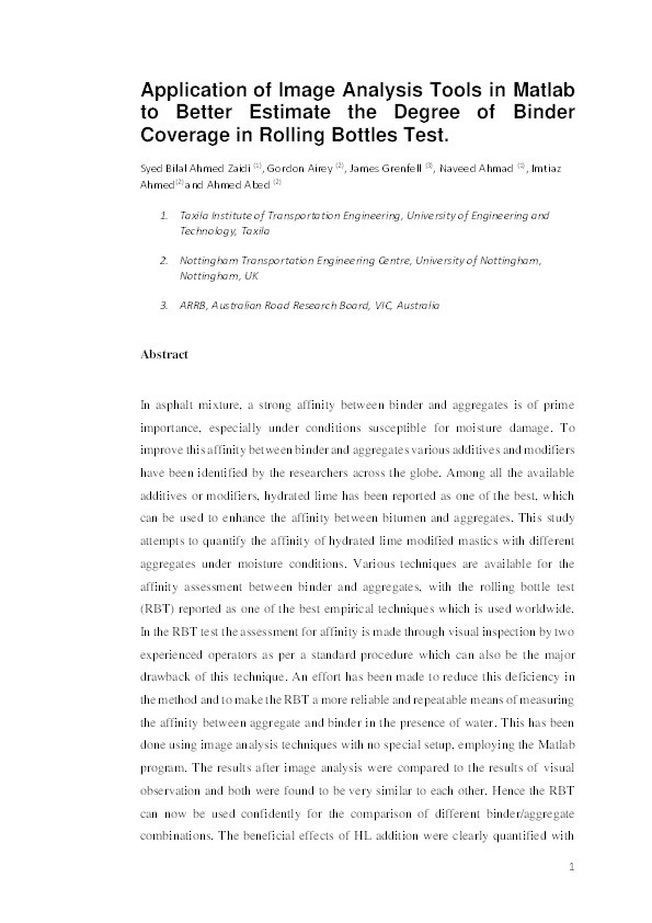 Application of image analysis tools in Matlab to better estimate the degree of binder coverage in rolling bottles test Thumbnail