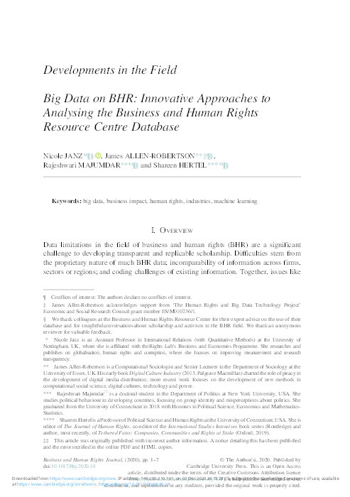 Big Data on BHR: Innovative Approaches to Analysing the Business &amp; Human Rights Resource Centre Database Thumbnail