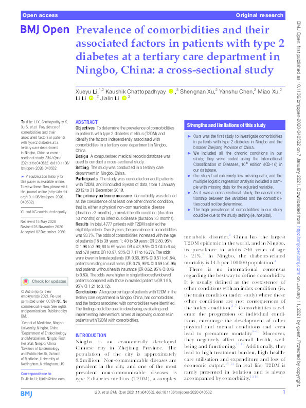 Prevalence of comorbidities and their associated factors in patients with type 2 diabetes at a tertiary care department in Ningbo, China: a cross-sectional study Thumbnail