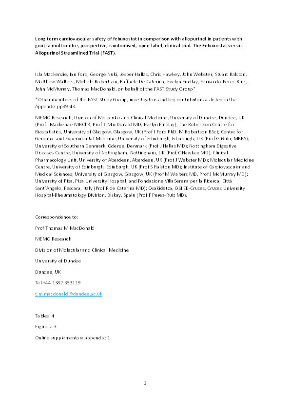 Long-term cardiovascular safety of febuxostat compared with allopurinol in patients with gout (FAST): a multicentre, prospective, randomised, open-label, non-inferiority trial Thumbnail