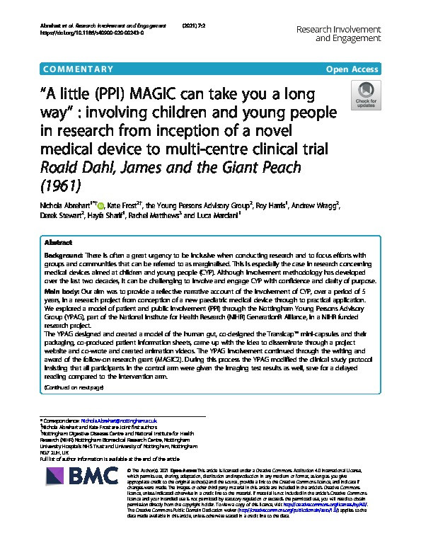 “A little (PPI) MAGIC can take you a long way” : involving children and young people in research from inception of a novel medical device to multi-centre clinical trial Roald Dahl, James and the Giant Peach (1961) Thumbnail