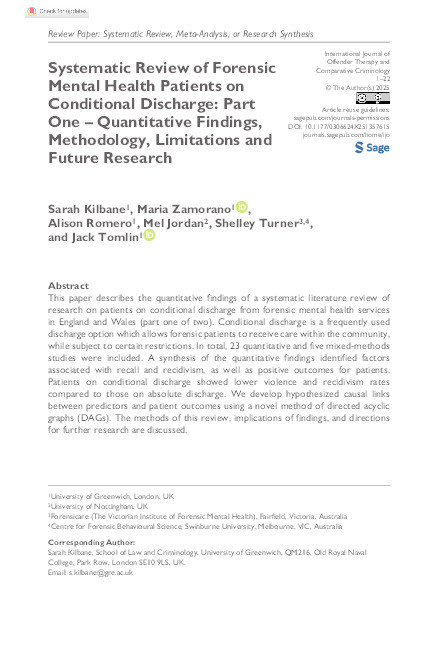 Systematic review of forensic mental health patients on conditional discharge: Part One -- Quantitative findings, methodology, limitations and future research Thumbnail