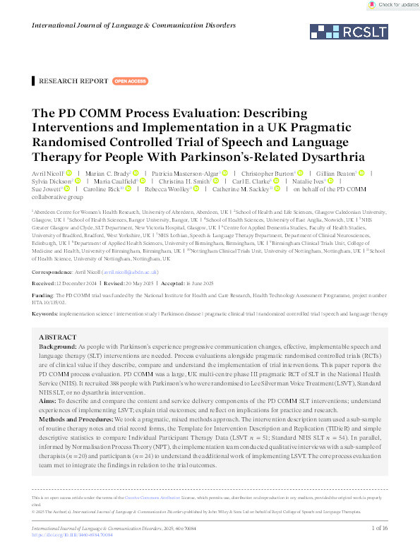 The PD COMM Process Evaluation: Describing Interventions and Implementation in a UK Pragmatic Randomised Controlled Trial of Speech and Language Therapy for People With Parkinson's-Related Dysarthria Thumbnail