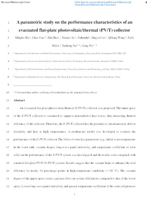 A parametric study on the performance characteristics of an evacuated flat-plate photovoltaic/thermal (PV/T) collector Thumbnail