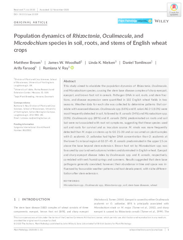 Population dynamics of Rhizoctonia, Oculimacula, and Microdochium species in soil, roots, and stems of English wheat crops Thumbnail