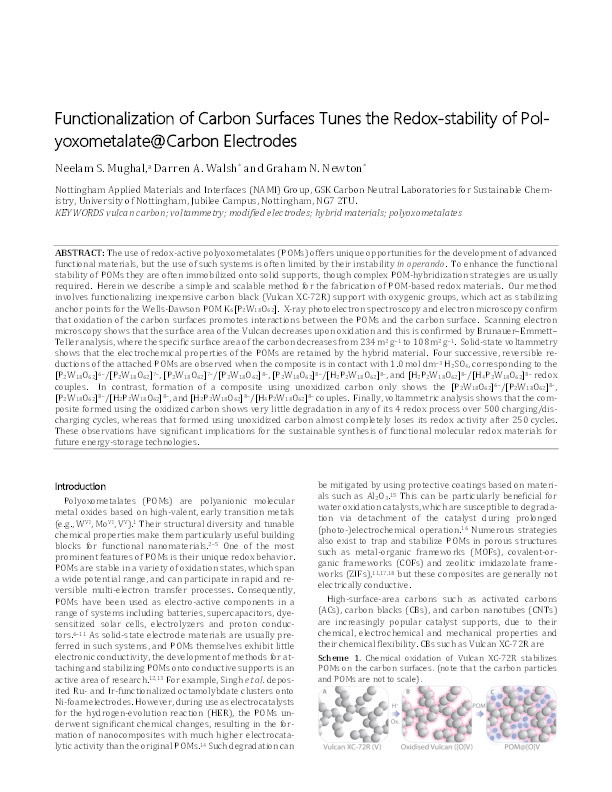 Functionalization of Carbon Surfaces Tunes the Redox Stability of Polyoxometalate@Carbon Electrodes Thumbnail