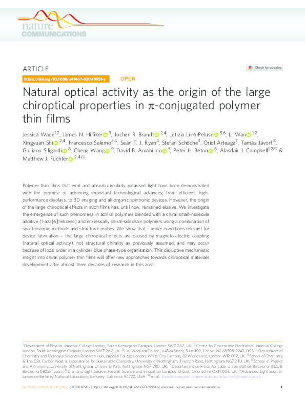 Natural optical activity as the origin of the large chiroptical properties in π-conjugated polymer thin films Thumbnail