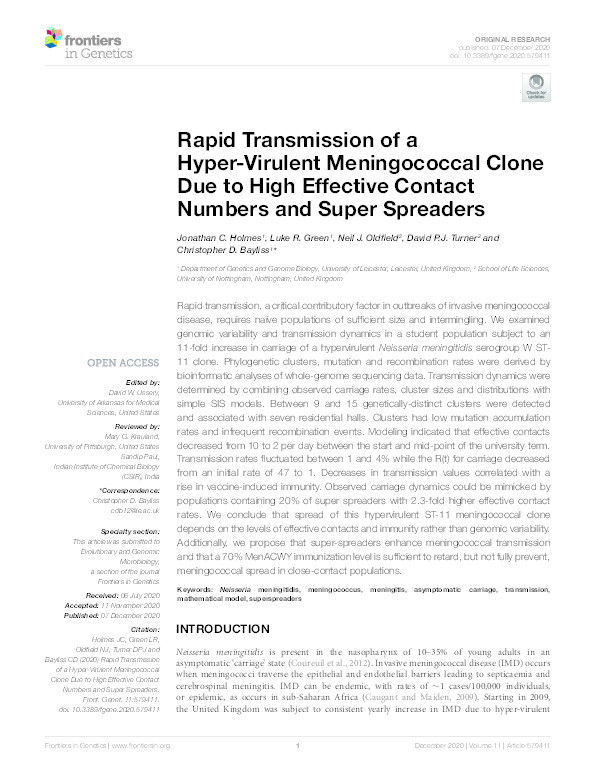Rapid Transmission of a Hyper-Virulent Meningococcal Clone Due to High Effective Contact Numbers and Super Spreaders Thumbnail