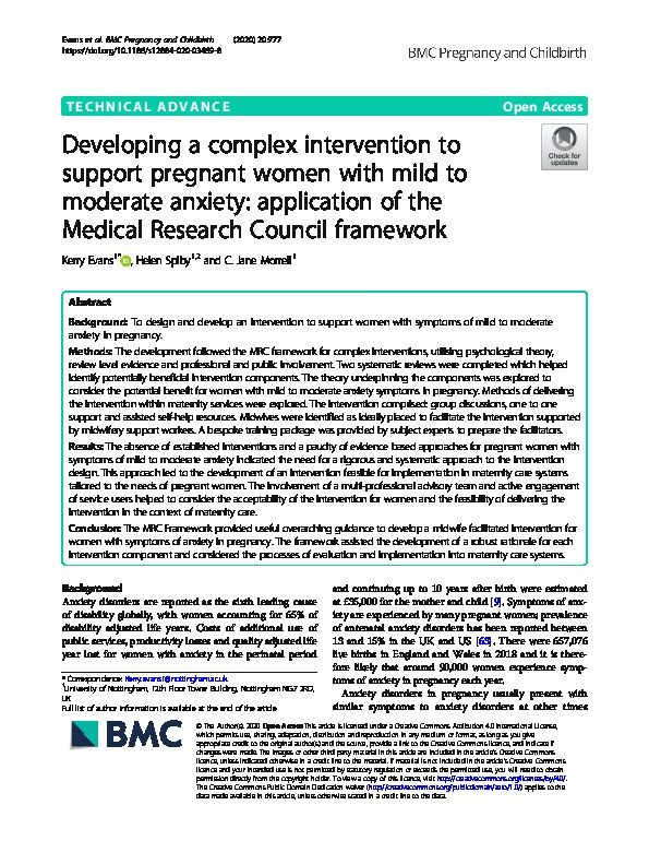 Developing a complex intervention to support pregnant women with mild to moderate anxiety: application of the Medical Research Council framework Thumbnail