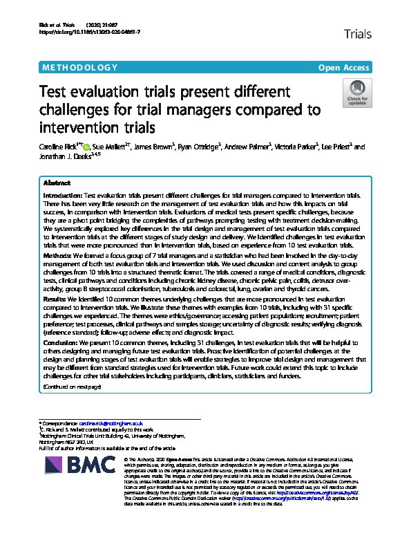 Test evaluation trials present different challenges for trial managers compared to intervention trials Thumbnail