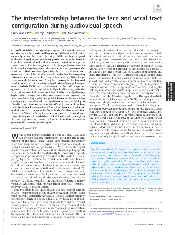 The interrelationship between the face and vocal tract configuration during audiovisual speech Thumbnail