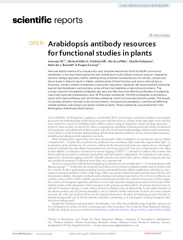 Arabidopsis antibody resources for functional studies in plants Thumbnail