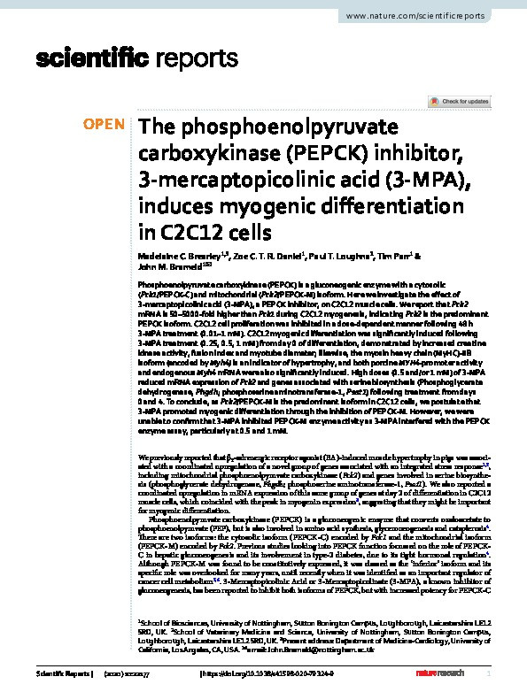The phosphoenolpyruvate carboxykinase (PEPCK) inhibitor, 3-mercaptopicolinic acid (3-MPA), induces myogenic differentiation in C2C12 cells Thumbnail