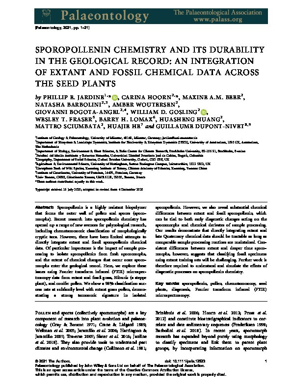 Sporopollenin chemistry and its durability in the geological record: an integration of extant and fossil chemical data across the seed plants Thumbnail