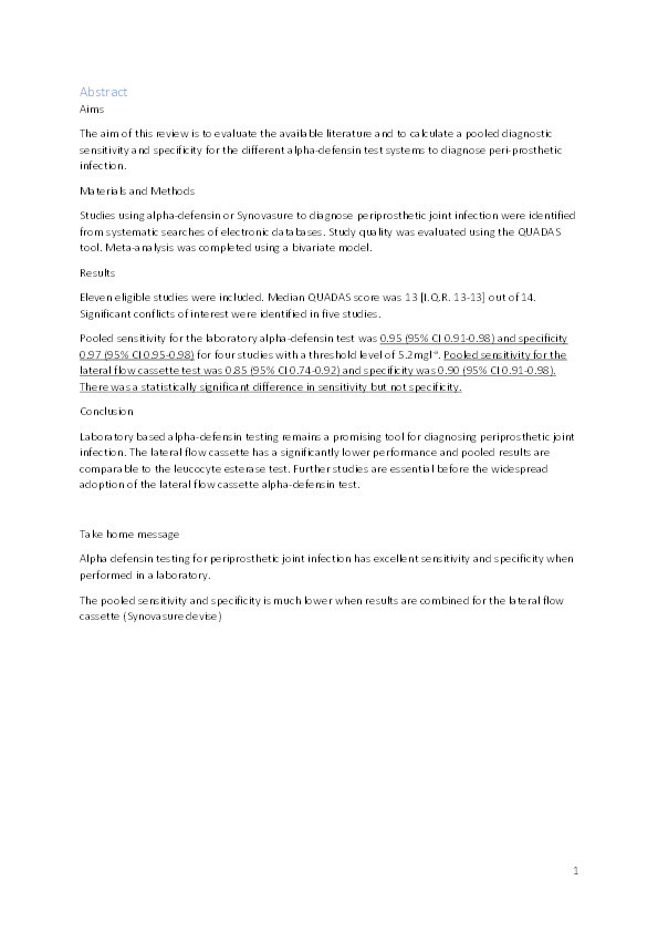 Alpha-defensin and the Synovasure lateral flow device for the diagnosis of prosthetic joint infection: a systematic review and meta-analysis Thumbnail