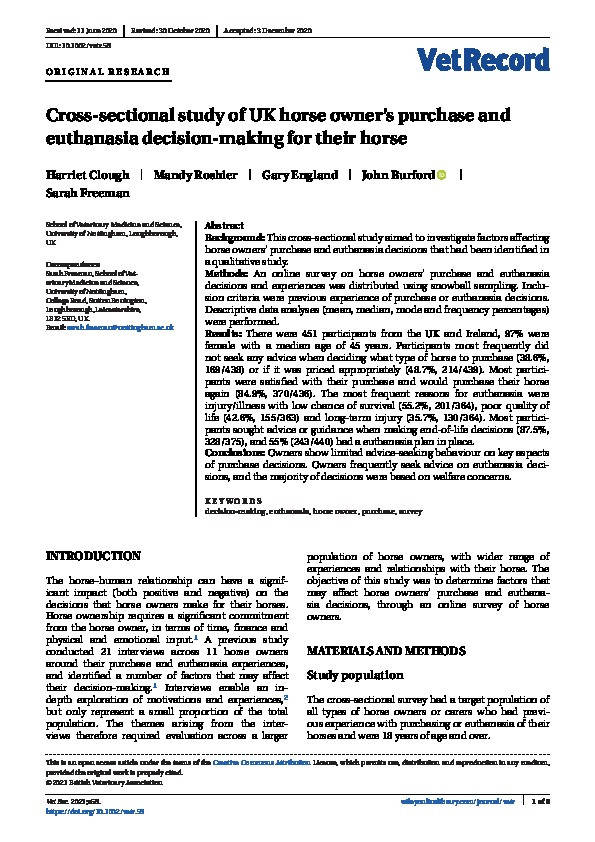 Cross?sectional study of UK horse owner's purchase and euthanasia decision?making for their horse Thumbnail