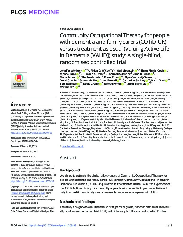Community Occupational Therapy for people with dementia and family carers (COTiD-UK) versus treatment as usual (Valuing Active Life in Dementia [VALID]) study: a single-blind, randomised controlled trial Thumbnail