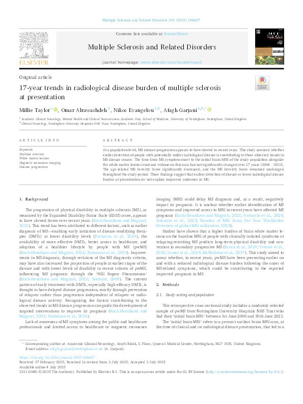17-year trends in radiological disease burden of multiple sclerosis at presentation Thumbnail