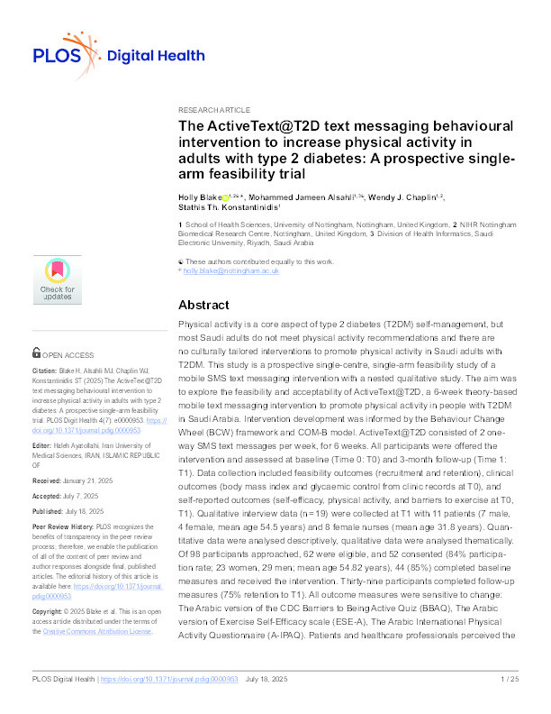 The ActiveText@T2D text messaging behavioural intervention to increase physical activity in adults with type 2 diabetes: A prospective single-arm feasibility trial Thumbnail